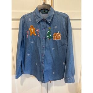 Lemon Grass Studio Denim Christmas Embroider Gingerbread Shirt VTG cottage core